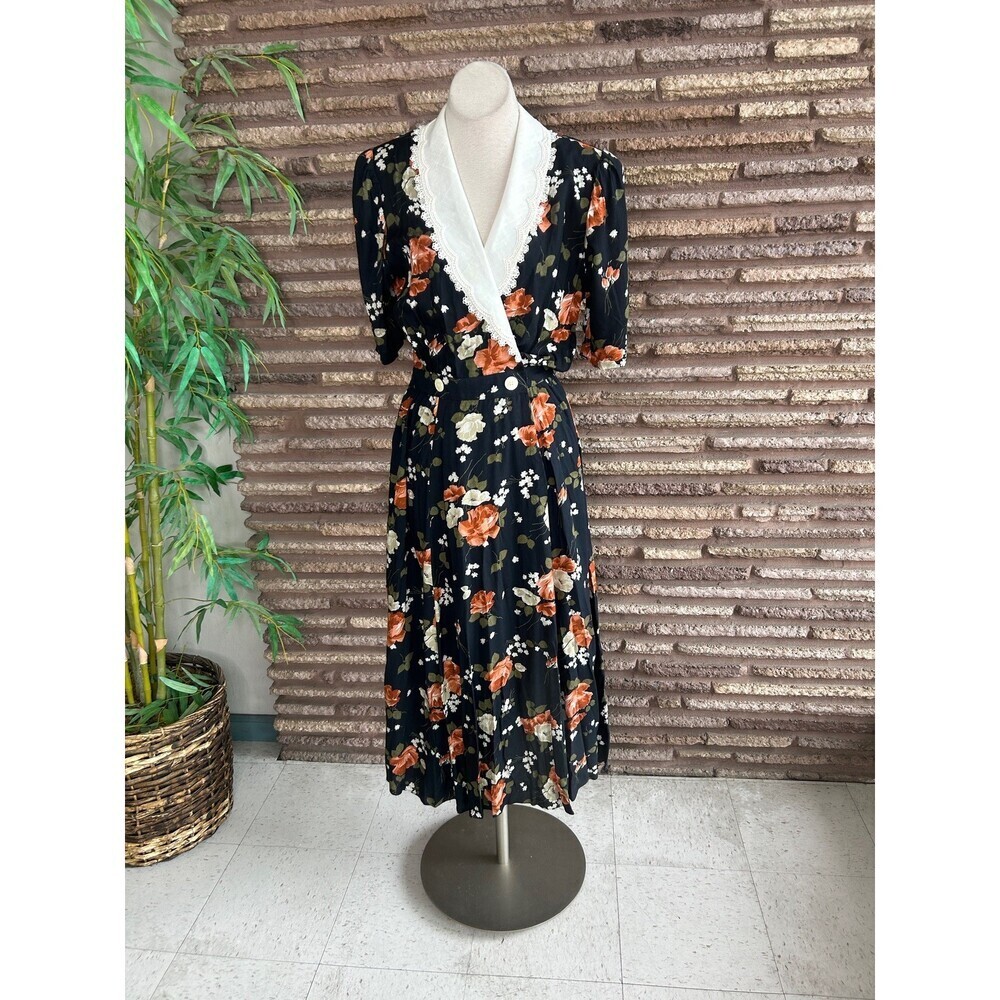 Expo Vintage 90s Dress Black Floral Grunge White Lace Collar Romantic Size 14 - Picture 10 of 11
